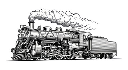 Vintage Steam Locomotive Train, Black and White Ink Drawing, Smoke Stack © Andri