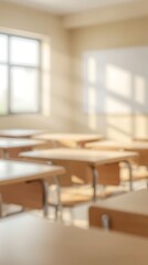 Fototapeta premium Generative AI Bright Classroom Interior With Sunlight and Desks for Educational Stock Images