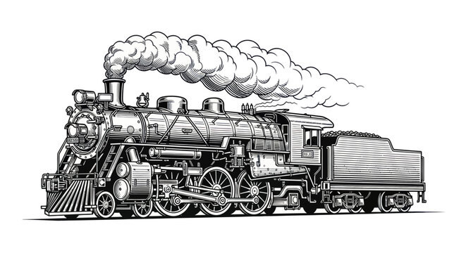 Vintage Steam Locomotive Train, Black and White Ink Drawing, Smoke Stack