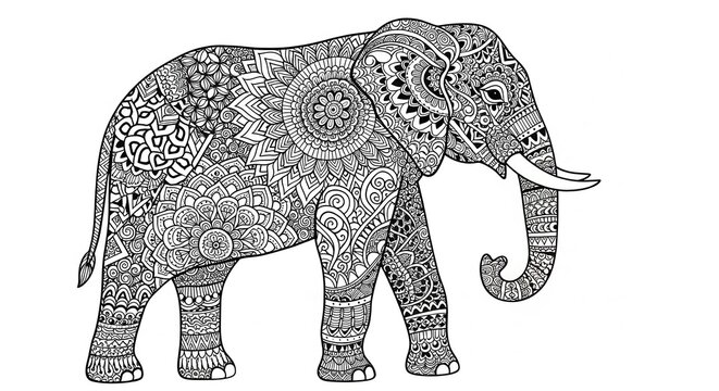 Intricate black and white line art depicts an elephant adorned with detailed ornamental patterns