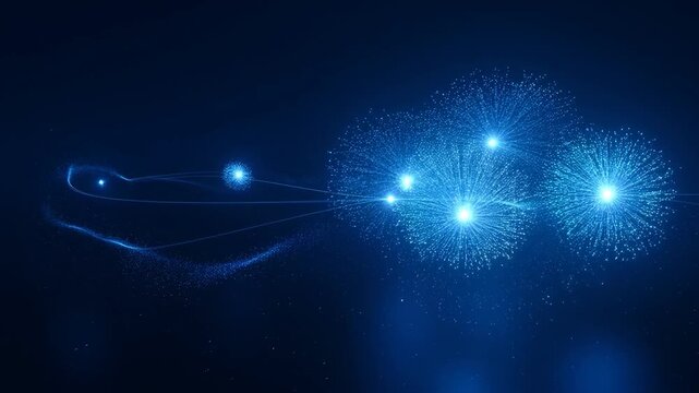 Futuristic network connection data flow digital particle light trail background with glowing sphere energy points blue abstract art illustration minimal pattern blue light wave and abstract blue