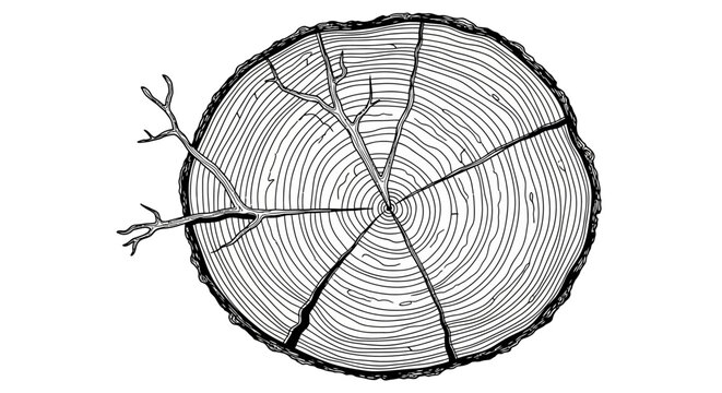 Detailed illustration of a tree trunk cross-section revealing annual growth rings and branches, symbolizing nature and time.