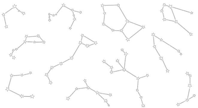 Collection of Celestial Constellations, Star Maps, and Astrological Symbols on a White Background for Design