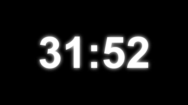37 minutes digital countdown animation displays a timer counting down minutes and seconds. Perfect for presentation pauses. HUD user interface with technology stopwatch digital countdown.