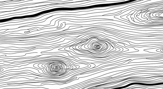 Abstract black and white wood grain pattern, line art illustration of natural timber texture with knots, graphic design background