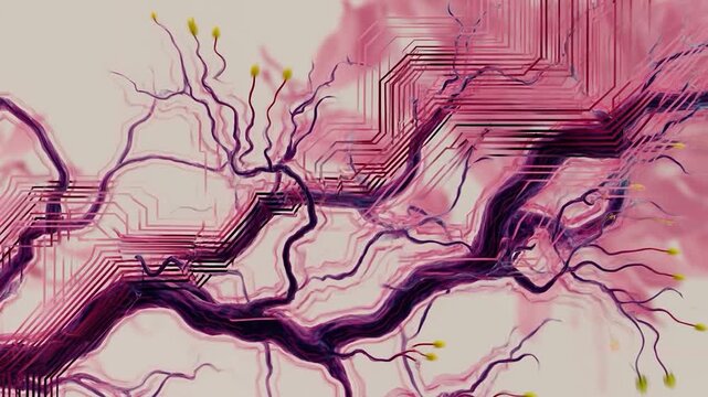 Abstract circuit vein network digital neural branch pink organic line technology art background biotech connection pattern surreal science energy flow modern anatomy concept fantasy tree form vibrant
