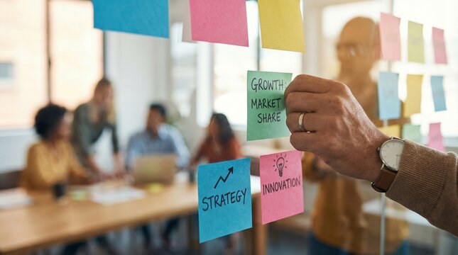 Business strategy planning and growth innovation using sticky notes in a modern office setting with a diverse team collaborating