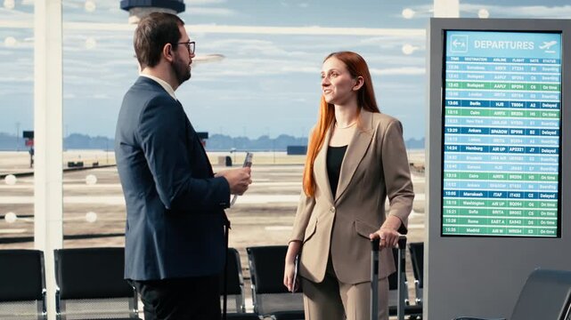Professional team discuss delegation responsibilities and waiting for flight in crowded airport terminal, business travelers in formal attire preparing for boarding plane. Global business mobility.