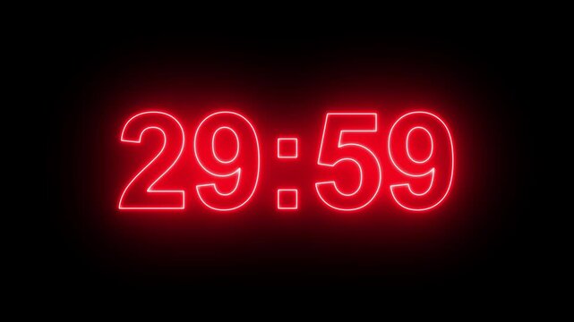 34 minutes digital countdown animation displays a timer counting down minutes and seconds. Perfect for presentation pauses. HUD user interface with technology stopwatch digital countdown.