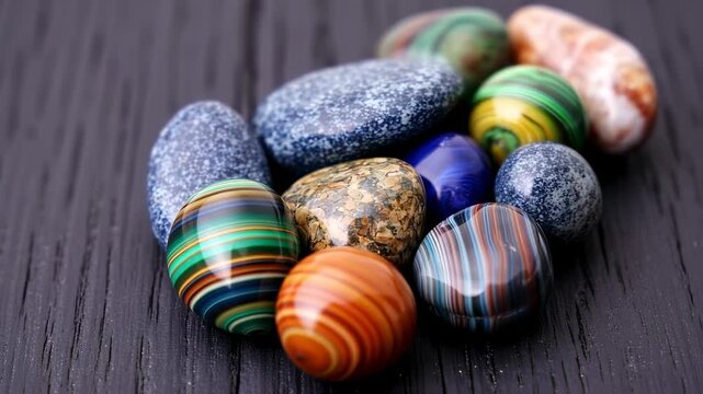 Colorful polished stones on dark wood