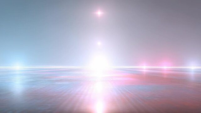 Futuristic glowing lights hover above a reflective surface in a surreal, ethereal environment. Soft pastel hues blend seamlessly, creating a dreamy, modern digital landscape