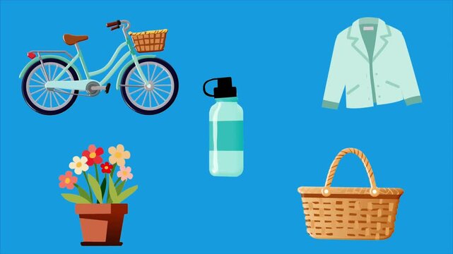 2D Animated Lifestyle and Outdoor Set with Bicycle Bottle Jacket Plant and Basket for Daily Life Concept Flat Collection