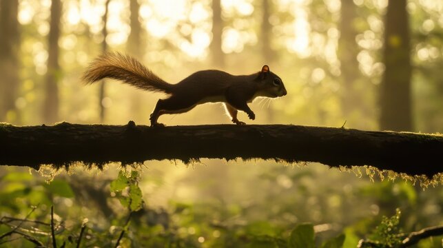 Squirrel Hopping Along a Forest Branch in Golden Light