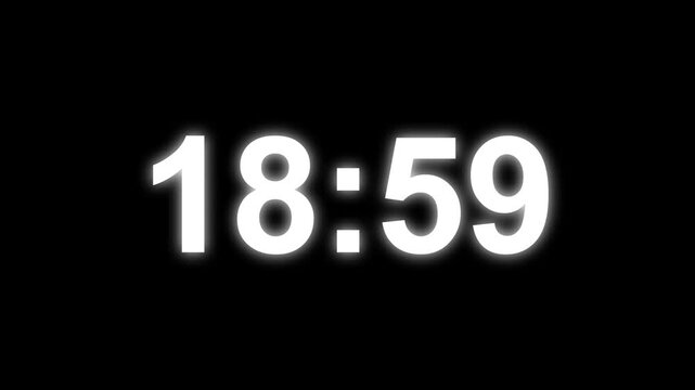 24 minutes digital countdown animation displays a timer counting down minutes and seconds. Perfect for presentation pauses. HUD user interface with technology stopwatch digital countdown.