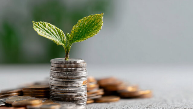 積み上げられたコインの山から力強く芽吹く緑の若葉