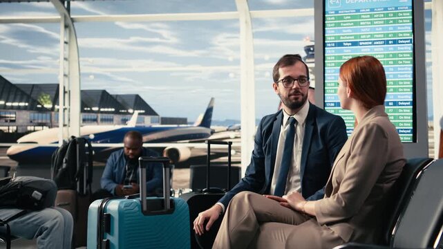 CEO and assistant, business trip, airport lounge area, corporate team discussing delegation tasks with travel documents nearby. Colleagues prepare for international summit meeting at gate.