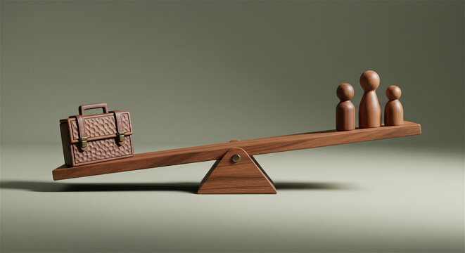 Work-life balance concept: briefcase outweighs family figures on a seesaw.