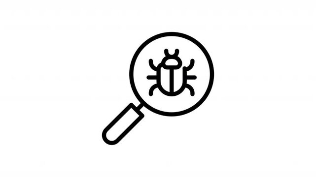 Minimal flat vector animation of magnifying glass scanning malware icon for cybersecurity threat detection. Clean modern design ideal for antivirus, hacking awareness, data protection and technology.