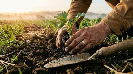 Fototapeta premium farmer, agriculture, field, farm, farming, nature, agricultural, plant, farmland, man, land, rural, harvest, crop, cultivated, spring, green, organic, person, growth, summer, male, countryside, sunset