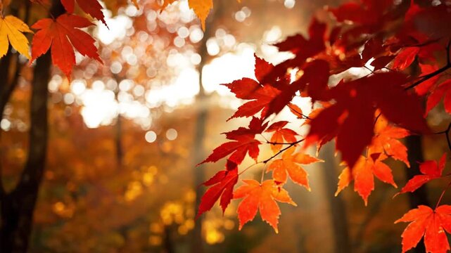 Vibrant autumn maple leaves glowing with sunlight in a forest