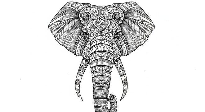 Intricate zentangle patterns decorate the symmetrical head of an elephant in a detailed black and white drawing.