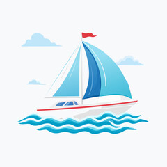 Fototapeta premium Sailboat on the water with blue sails and a red flag.
