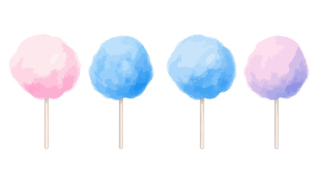 Four watercolor illustrations of fluffy, colorful candy floss on sticks, isolated on a white background