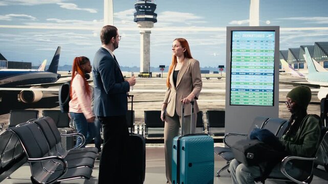 Corporate delegation members discussing itinerary in airport terminal lounge, preparing for overseas global business summit. Team with suitcases prepare for business trip together.