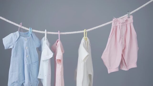 Baby clothes hanging on a clothesline