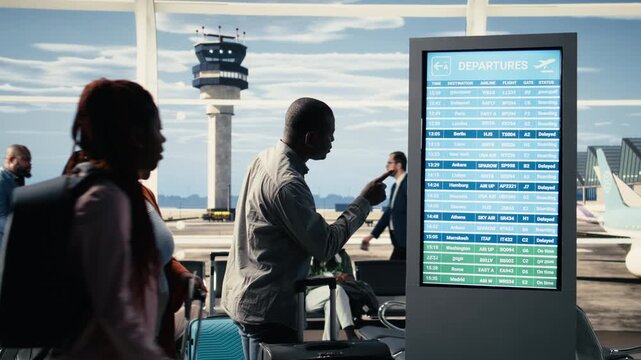 All flights cancellation, unhappy passengers, red alerts on board screen, flights grounded due to strike or conflict. Diverse group shows panic, anger and frustration, uncertain travel plans.