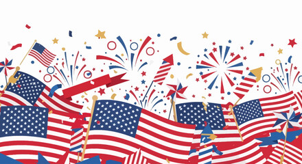 Obraz premium Patriotic American Flags Fireworks and Stars Border Vector Illustration.