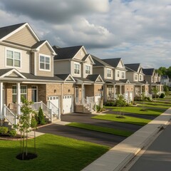 Fototapeta premium Row of suburban houses with manicured lawns and cloudy sky.