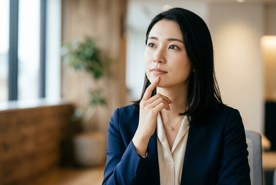 オフィスで顎に手を当てて考え事をする日本人女性ビジネスウーマン Generative AI