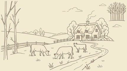 Obraz premium Pastoral countryside line art sketch of a farmhouse with grazing cows and a winding stream in a tranquil rural landscape