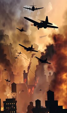 Warplanes fly over a city during a massive aerial bombing attack causing destruction