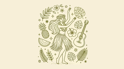 Obraz premium Vintage botanical illustration of a woman dancing with a guitar, surrounded by flowers, leaves, and fruit motifs in a nature-inspired decorative style
