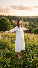 Fototapeta premium Woman in white dress standing with arms outstretched in a lush meadow at sunset enjoying nature and peace