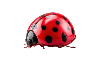 Naklejka premium Glossy red ladybug with black spots macro side view isolated on transparent background