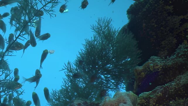 A dazzling school of small, silvery fish performs an intricate ballet underwater, navigating between lush green marine plants and majestic coral structures.