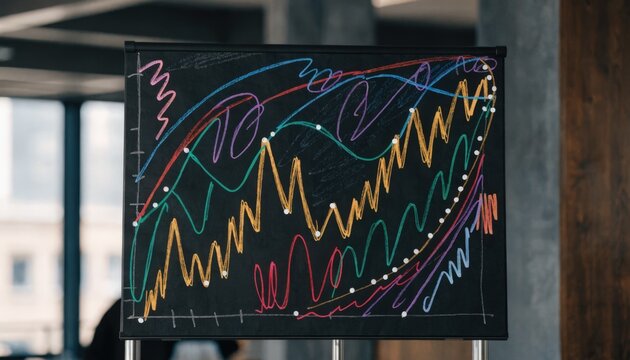 Colorful basis and scenario curves drawn with markers on a flipchart main object sharp background blurred to highlight detail on pricing variations.