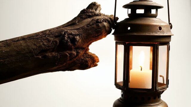 Close-up of a warm glowing lantern beside a weathered gnarly wooden branch, capturing rustic cozy ambiance
