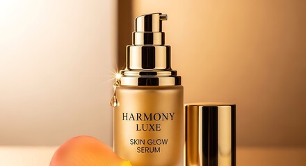 Naklejka premium Premium golden skin glow serum bottle with glistening drop