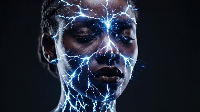Cinematic Portrait of Woman with Glowing Blue Electric Skin Veins