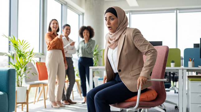 April Fools Day office prank whoopee cushion surprised woman employee workplace humor corporate celebration funny moment professional reaction