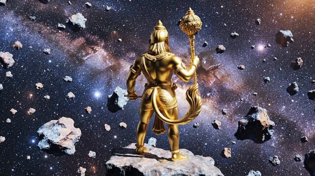 An epic golden hanuman statue stands majestically with his mace, intricately rendered against a mystical cosmic milky way.