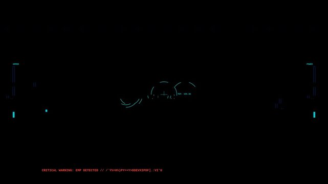 Futuristic heads up display shows combat mode engaged with critical system warnings and reboot sequence