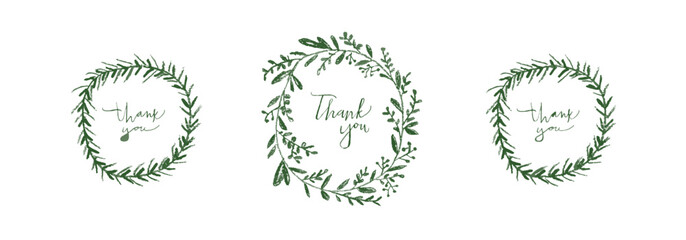 Hand drawn green botanical wreath with thank you text, minimal floral circle frame, elegant nature design © Bbl_gun