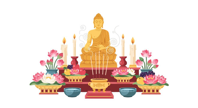 Golden Buddha Statue with Offerings.