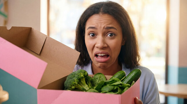 April Fools Day food prank donut box vegetables surprised woman humor celebration funny disappointment reaction indoor closeup moment