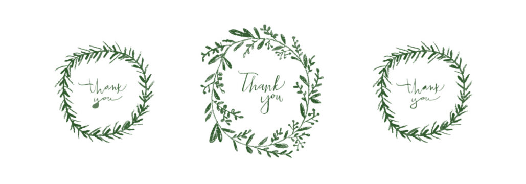 Hand drawn green botanical wreath with thank you text, minimal floral circle frame, elegant nature design